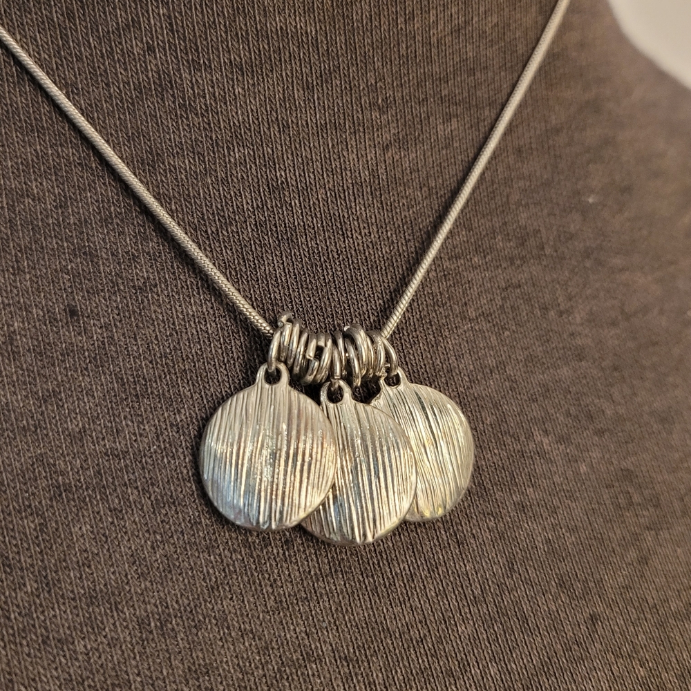 Silver triple disc necklace reversible textured side bling side adjustable
